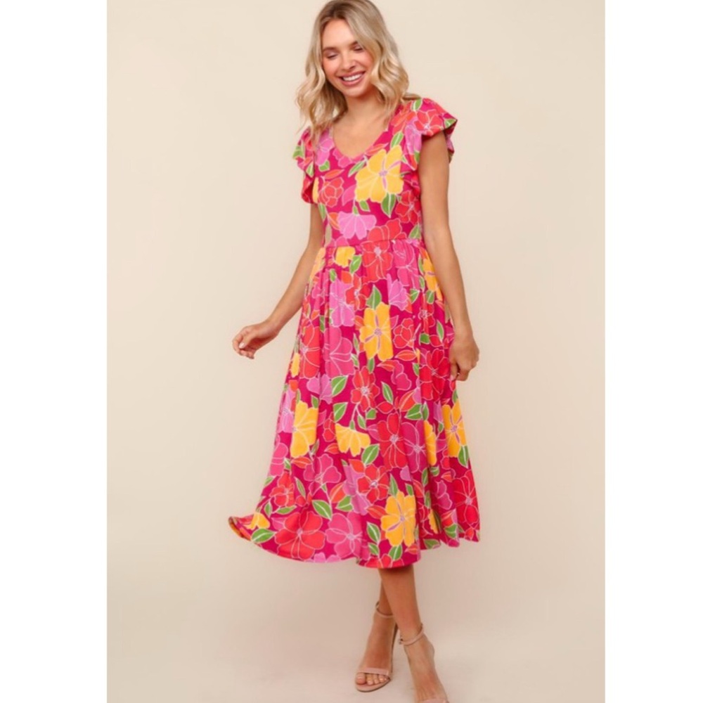 LAST 2 Soft V Neck Fuchsia/Yellow Floral Midi Dress with Folded Ruffle & Pockets - Picture 7 of 9